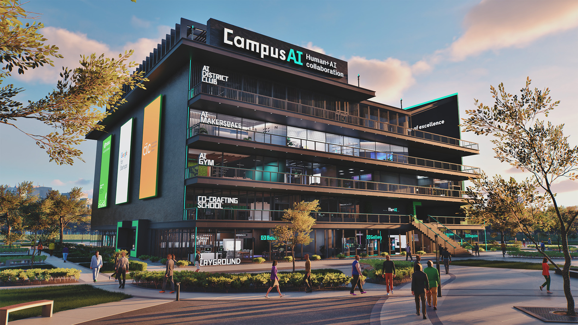 CampusAI building - modern multi-story building for Human+AI collaboration with AI DISTRICT CLUB, AI MAKERSPACE, AI GYM, CO-CRAFTING SCHOOL, and AI PLAYGROUND sections