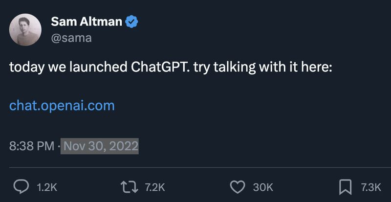 Sam Altman’s announcing ChatGPT on November 30, 2022